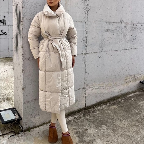 Mango Jackets & Blazers - MANGO Ivory Midi Puffer Winter Coat Blanket Wrap around with Belt and Ho…